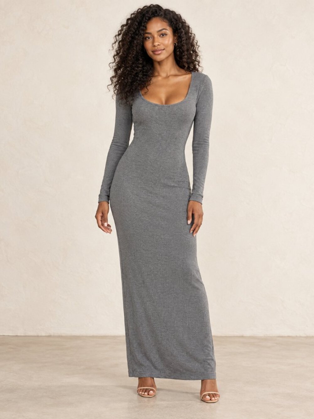 SKIMS Soft Lounge Maxi Dress Long Sleeve Scoop Neck Heather Gray Small Tall